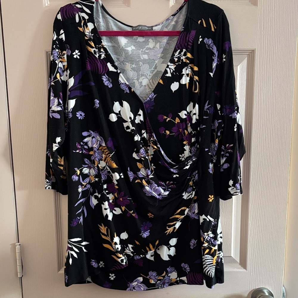 Jessica London Black and Purple Floral Blouse